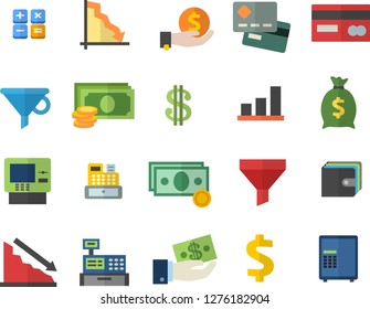 Color flat icon set funnel flat vector, crisis, cash, credit card, dollar, investments, purse, wealth, calculator, machine, chart, dispenser fector, safe