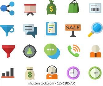 Color flat icon set funnel flat vector, magnifier, person, target audience, graphic report, molecules, telephone operator, phone call, wealth, flipchart, bags, sell out, chat, barcode, clock, chart
