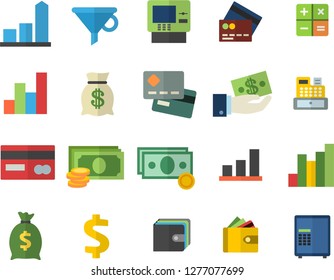 Color flat icon set funnel flat vector, chart, cash, credit card, dollar, investments, purse, wealth, calculator, machine, fector, dispenser, safe