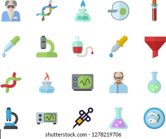 Color flat icon set funnel flat vector, blood transfusion, pipette, test, syringe, microscope, DNA, artificial insemination, flask, gas burner, oscilloscope, scientist, Petri dish