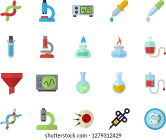 Color flat icon set funnel flat vector, blood transfusion, pipette, syringe, microscope, medical analysis, DNA, artificial insemination, flask, gas burner, oscilloscope, beakers, Petri dish