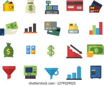 Color flat icon set funnel flat vector, crisis, chart, cash, credit card, dollar, investments, purse, wealth, calculator, machine, fector, dispenser, safe