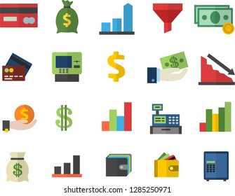 Color flat icon set funnel flat vector, crisis, chart, cash, credit card, dollar, investments, purse, wealth, machine, fector, dispenser, safe