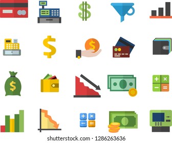 Color flat icon set funnel flat vector, crisis, chart, cash, credit card, dollar, investments, purse, wealth, calculator, machine, fector, dispenser