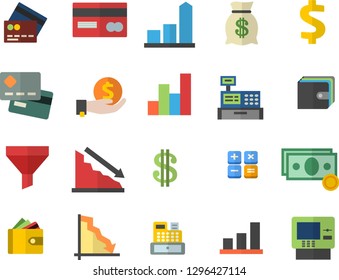 Color flat icon set funnel flat vector, crisis, chart, cash, credit card, dollar, investments, purse, wealth, calculator, machine, fector, dispenser