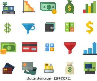 Color flat icon set funnel flat vector, crisis, chart, cash, credit card, dollar, purse, wealth, calculator, machine, fector, dispenser