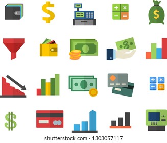 Color flat icon set funnel flat vector, crisis, chart, cash, credit card, dollar, investments, purse, wealth, calculator, machine, dispenser fector
