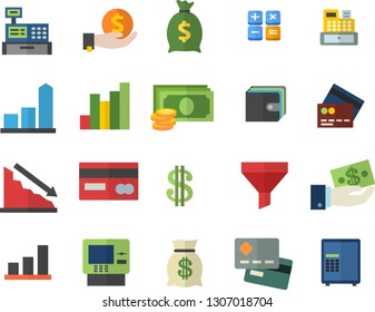 Color flat icon set funnel flat vector, crisis, chart, cash, credit card, dollar, investments, purse, wealth, calculator, machine, fector, dispenser, safe