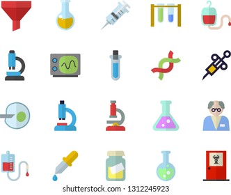 Color flat icon set funnel flat vector, blood transfusion, pipette, syringe, microscope, medical analysis, DNA, artificial insemination, flask, oscilloscope, scientist, beakers