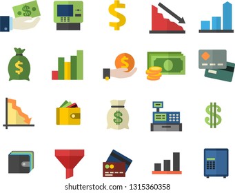 Color flat icon set funnel flat vector, crisis, chart, cash, credit card, dollar, investments, purse, wealth, machine, fector, dispenser, safe