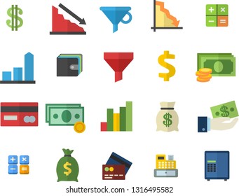 Color flat icon set funnel flat vector, crisis, chart, cash, credit card, dollar, investments, purse, wealth, calculator, machine, fector, safe