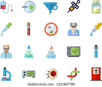 Color flat icon set funnel flat vector, blood transfusion, pipette, test, syringe, microscope, medical analysis, DNA, artificial insemination, gas burner, oscilloscope, scientist, beakers