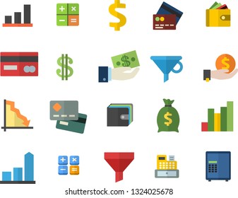 Color flat icon set funnel flat vector, crisis, chart, credit card, dollar, investments, purse, wealth, calculator, cash machine, fector, safe