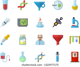 Color flat icon set funnel flat vector, blood transfusion, pipette, test, syringe, microscope, medical analysis, DNA, artificial insemination, flask, gas burner, oscilloscope, scientist, beakers