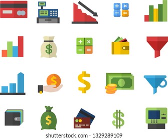 Color flat icon set funnel flat vector, crisis, chart, cash, credit card, dollar, investments, purse, wealth, calculator, machine, fector, dispenser