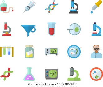 Color flat icon set funnel flat vector, blood transfusion, pipette, test, syringe, microscope, medical analysis, DNA, artificial insemination, flask, oscilloscope, scientist, beakers, Petri dish