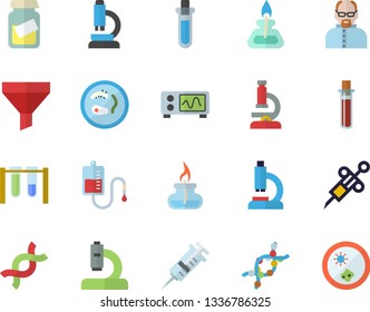 Color flat icon set funnel flat vector, blood transfusion, test, syringe, microscope, medical analysis, DNA, gas burner, oscilloscope, scientist, beakers, Petri dish