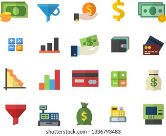 Color flat icon set funnel flat vector, crisis, cash, credit card, dollar, investments, purse, wealth, calculator, machine, chart, fector, dispenser