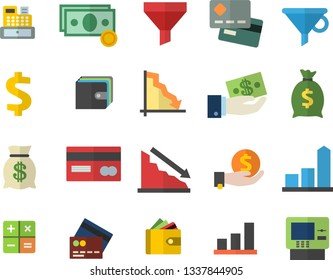 Color flat icon set funnel flat vector, crisis, chart, cash, credit card, dollar, investments, purse, wealth, calculator, machine, fector, dispenser