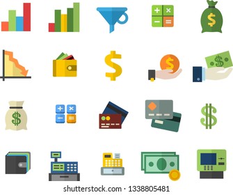 Color flat icon set funnel flat vector, crisis, chart, cash, credit card, dollar, investments, purse, wealth, calculator, machine, fector, dispenser