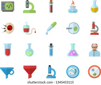 Color flat icon set funnel flat vector, blood transfusion, pipette, test, microscope, medical analysis, artificial insemination, flask, gas burner, oscilloscope, scientist, beakers, Petri dish