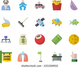 Color flat icon set garlic flat vector, French fries, fish, rake, signboard, wealth, ambulance, stomach, lungs, office worker, moon, satellit, scientist, ufo, classification, bowling ball, indicate