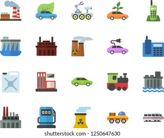Color flat icon set gas station flat vector, refueling, factory, hydroelectric power, plant, canister, eco cars, electric, telephone, nuclear, lunar rover, train fector