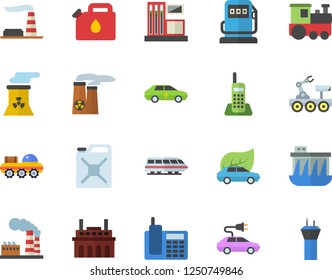 Color flat icon set gas station flat vector, refueling, factory, hydroelectric power, plant, canister, eco cars, electric, telephone, nuclear, lunar rover, train fector, airport tower