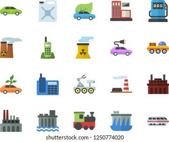 Color flat icon set gas station flat vector, refueling, factory, hydroelectric power, plant, canister, eco cars, electric, telephone, nuclear, lunar rover, train fector