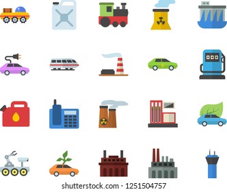 Color flat icon set gas station flat vector, refueling, factory, hydroelectric power, plant, canister, eco cars, electric, telephone, nuclear, lunar rover, train fector, airport tower