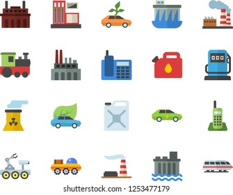 Color flat icon set gas station flat vector, refueling, factory, hydroelectric power, plant, canister, eco cars, electric, telephone, nuclear, lunar rover, train fector