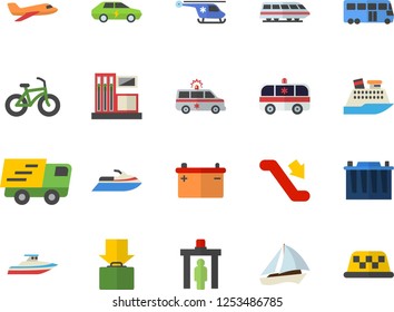 Color flat icon set gas station flat vector, accumulator, electric cars, trucking, ambulance, helicopter, bicycle, aircraft fector, train, bus, sailboat, escalator, control gate, get luggage, yacht