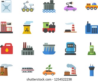Color flat icon set gas station flat vector, refueling, factory, hydroelectric power, plant, canister, eco cars, electric, telephone, nuclear, lunar rover, train fector, airport tower