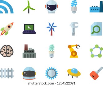 Color flat icon set gas flat vector, windmill, manufactory, plant, energy saving lamp, robotics, radiator, trammel, magnifier, laptop, molecule, rocket, fector, ufo, brain, astronaut helmet, key