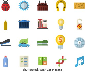 Color flat icon set gas flat vector, cheese, mustard, ladybird, horseshoe, station, accumulator, plant, eco cars, idea, calculator, DNA, to do list, stapler, bulb, water, not disturb fector, target