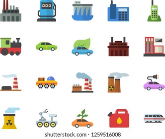 Color flat icon set gas station flat vector, refueling, factory, hydroelectric power, plant, canister, eco cars, electric, telephone, nuclear, lunar rover, train fector