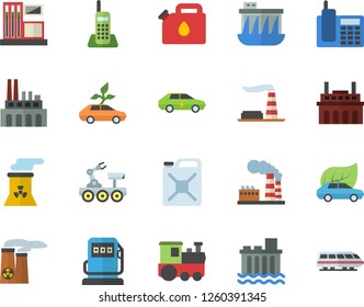 Color flat icon set gas station flat vector, refueling, factory, hydroelectric power, plant, canister, eco cars, electric, telephone, nuclear, lunar rover, train fector