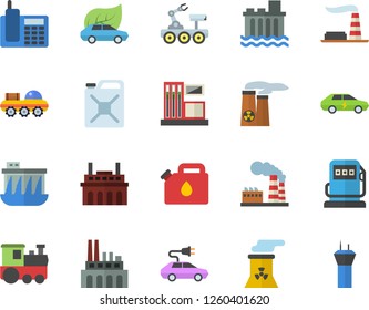 Color flat icon set gas station flat vector, refueling, factory, hydroelectric power, plant, canister, eco cars, electric, telephone, nuclear, lunar rover, train fector, airport tower