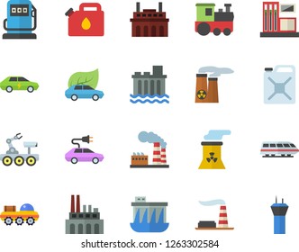 Color flat icon set gas station flat vector, refueling, factory, hydroelectric power, plant, canister, eco cars, electric, nuclear, lunar rover, train fector, airport tower