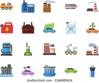 Color flat icon set gas station flat vector, refueling, factory, hydroelectric power, plant, canister, eco cars, electric, telephone, nuclear, lunar rover, train fector, airport tower