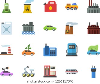 Color flat icon set gas station flat vector, refueling, factory, hydroelectric power, plant, canister, eco cars, electric, telephone, nuclear, lunar rover, train fector, airport tower
