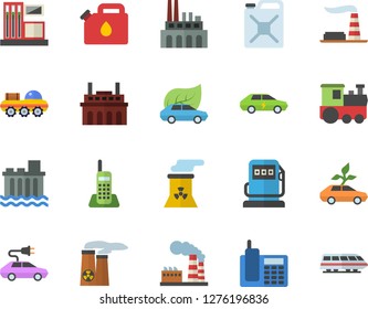 Color flat icon set gas station flat vector, refueling, factory, hydroelectric power, plant, canister, eco cars, electric, telephone, nuclear, lunar rover, train fector
