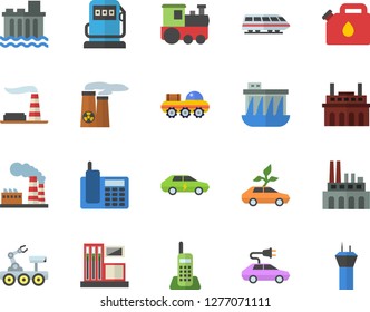 Color flat icon set gas station flat vector, refueling, factory, hydroelectric power, plant, canister, eco cars, electric, telephone, nuclear, lunar rover, train fector, airport tower