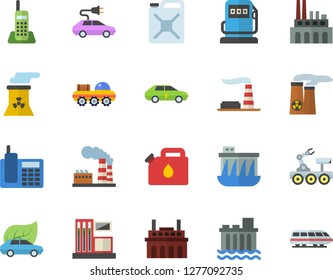 Color flat icon set gas station flat vector, refueling, factory, hydroelectric power, plant, canister, eco cars, electric, telephone, nuclear, lunar rover, train fector