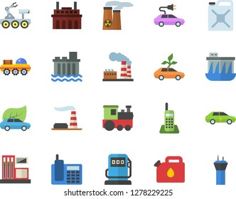 Color flat icon set gas station flat vector, refueling, factory, hydroelectric power, plant, canister, eco cars, electric, telephone, nuclear, lunar rover, train fector, airport tower