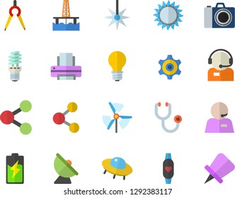 Color flat icon set gas flat vector, oil production platform, battery, lamp, energy saving, satellite antenna, laser, dividers, cogwheel, molecules, telephone operator, stethoscope, phone, printer