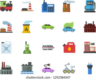 Color flat icon set gas station flat vector, refueling, factory, hydroelectric power, plant, canister, eco cars, electric, telephone, nuclear, lunar rover, train fector, airport tower