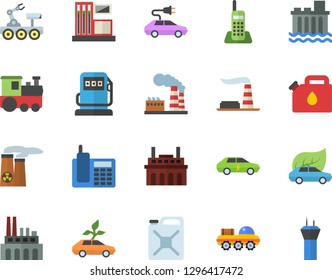 Color flat icon set gas station flat vector, refueling, factory, hydroelectric power, plant, canister, eco cars, electric, telephone, nuclear, lunar rover, train fector, airport tower