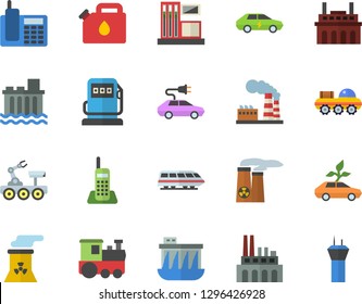 Color flat icon set gas station flat vector, refueling, factory, hydroelectric power, plant, canister, eco cars, electric, telephone, nuclear, lunar rover, train fector, airport tower