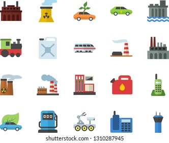 Color flat icon set gas station flat vector, refueling, factory, hydroelectric power, plant, canister, eco cars, electric, telephone, nuclear, lunar rover, train fector, airport tower